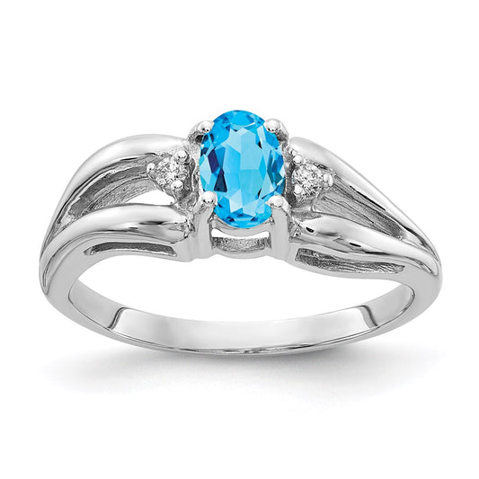 Solid 14k White Gold 6x4mm Oval Simulated Blue Topaz A CZ Ring