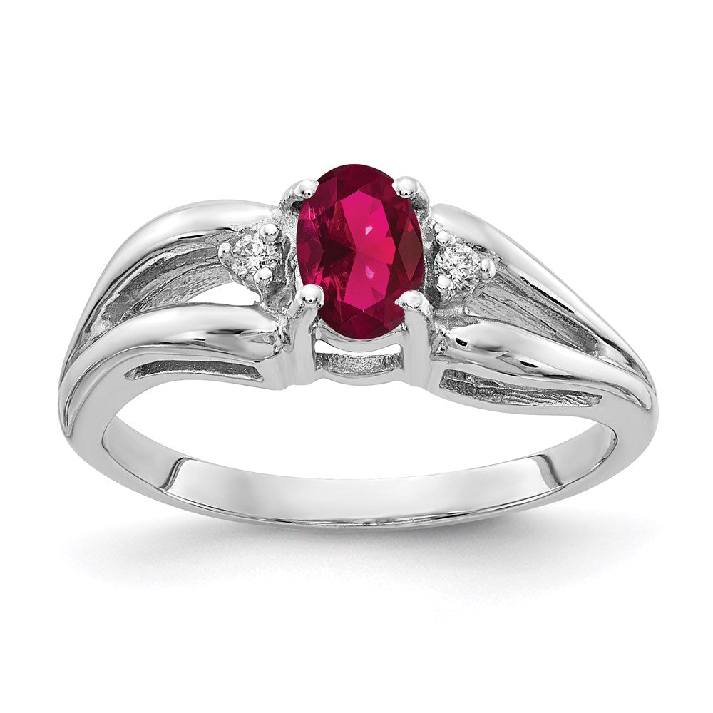14k White Gold 6x4mm Oval Created Ruby AA Real Diamond ring