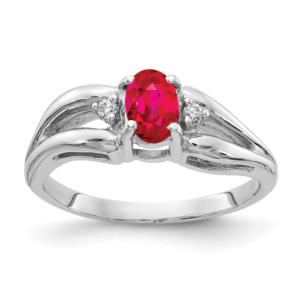 Solid 14k White Gold 6x4mm Oval Simulated Ruby AA CZ Ring