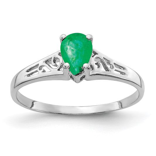 Solid 14k White Gold 6x4mm Pear Simulated Emerald Ring