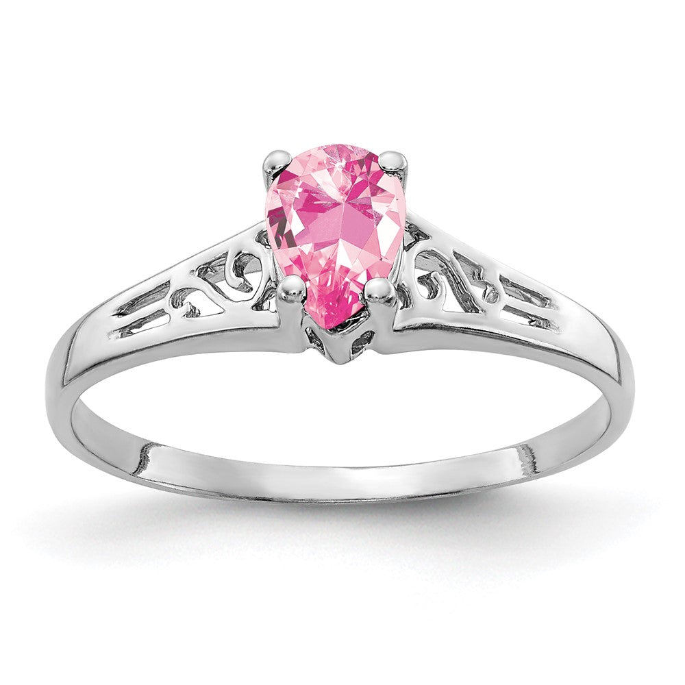 Solid 14k White Gold 6x4mm Pear Simulated Pink Tourmaline Ring