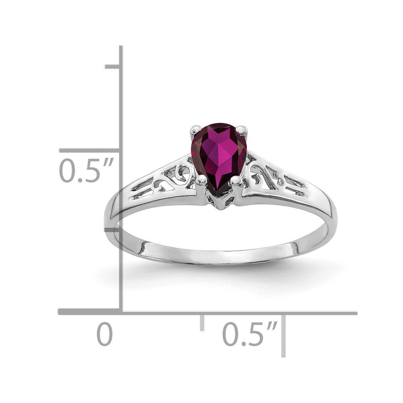 Solid 14k White Gold 6x4mm Pear Rhodolite Simulated Garnet Ring