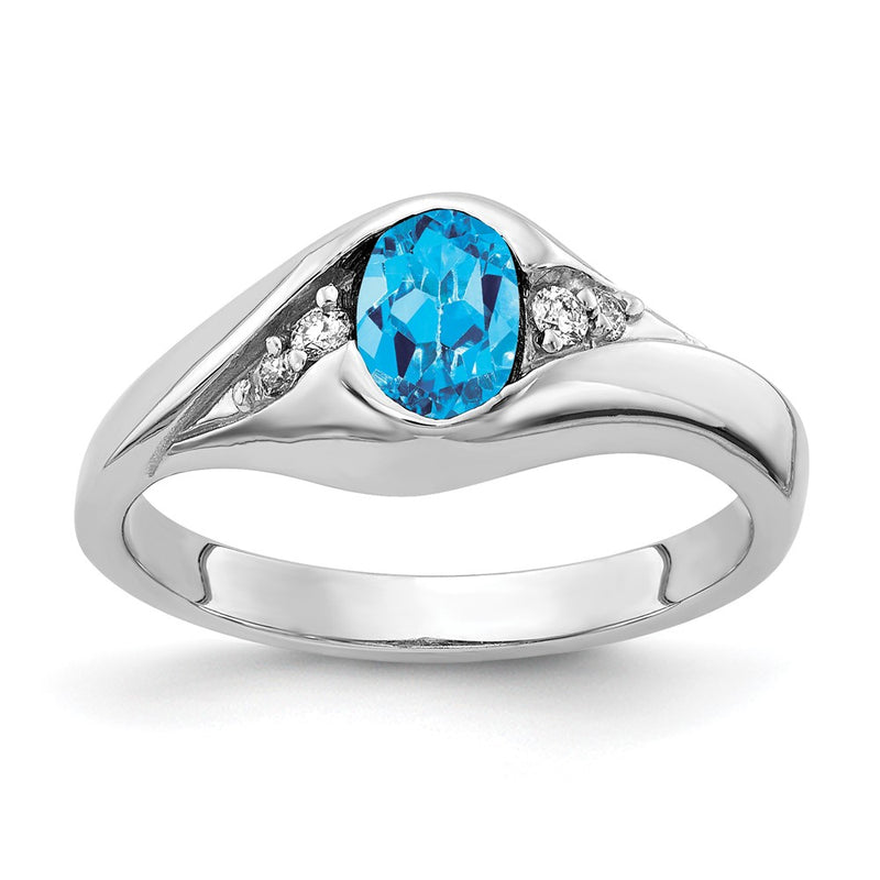 14k White Gold 6x4mm Oval Blue Topaz Checker AAA Real Diamond ring