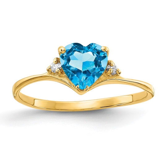 Solid 14k Yellow Gold 6mm Heart Simulated Blue Topaz A CZ Ring
