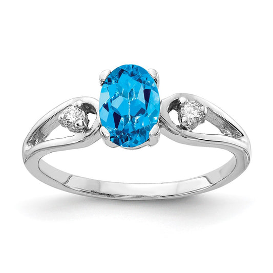 14k White Gold 7x5mm Oval Blue Topaz Checker AA Diamond ring