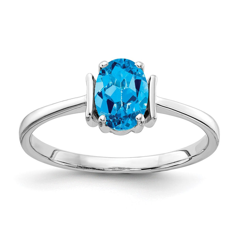14k White Gold 7x5mm Oval Blue Topaz Checker ring