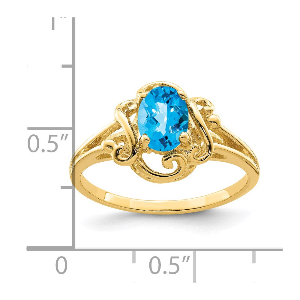 14K Yellow Gold 7x5mm Oval Blue Topaz Checker ring