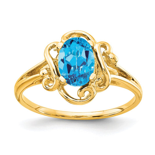 14K Yellow Gold 7x5mm Oval Blue Topaz Checker ring