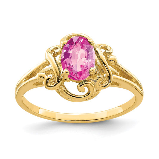 Solid 14k Yellow Gold 7x5mm Oval PinK Simulated Sapphire Ring