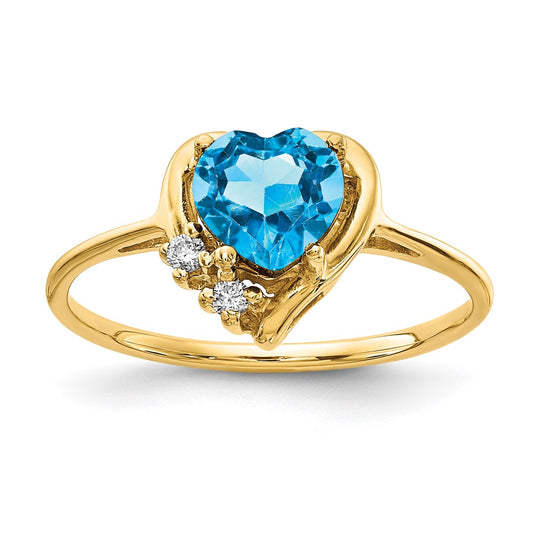 14K Yellow Gold 6mm Heart Blue Topaz AA Real Diamond ring