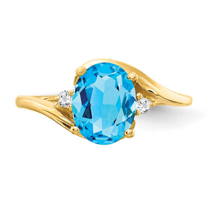 14K Yellow Gold 8x6mm Oval Blue Topaz Checker VS Real Diamond ring