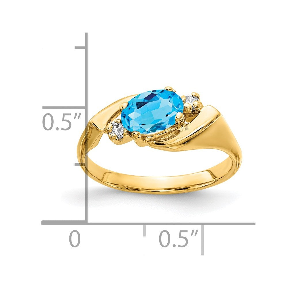 14K Yellow Gold 7x5mm Oval Blue Topaz Checker AA Real Diamond ring