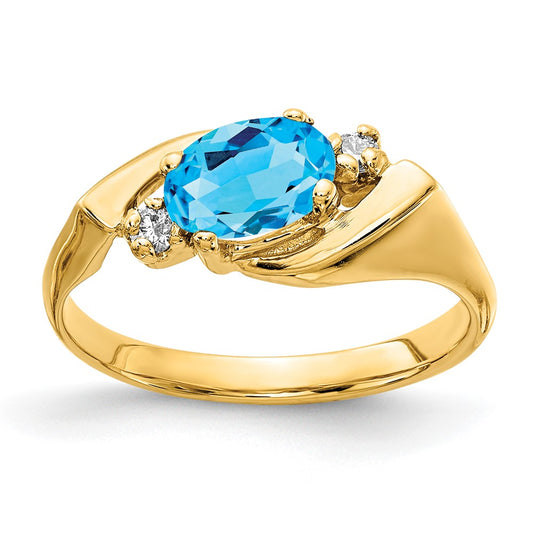 14K Yellow Gold 7x5mm Oval Blue Topaz Checker AA Real Diamond ring