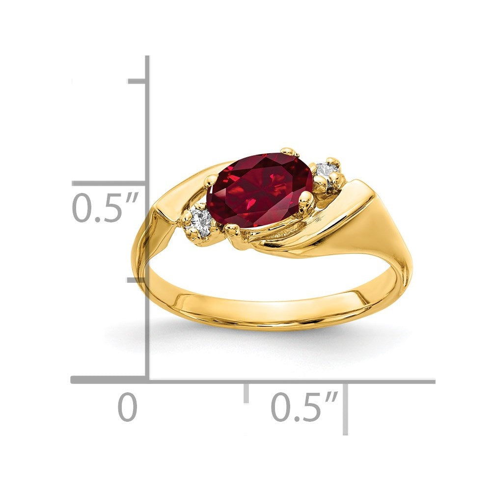 14K Yellow Gold 7x5mm Oval Created Ruby AA Real Diamond ring