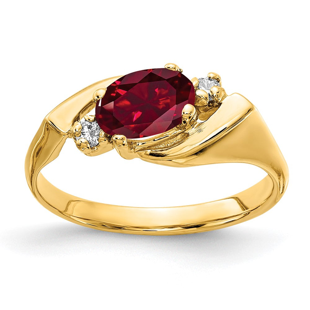 Solid 14k Yellow Gold 7x5mm Oval Created Simulated Ruby VS CZ Ring