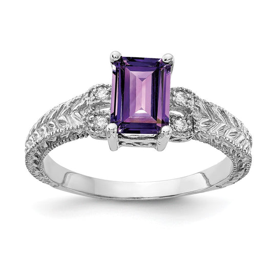 14k White Gold 7x5mm Emerald Cut Amethyst AAA Diamond ring