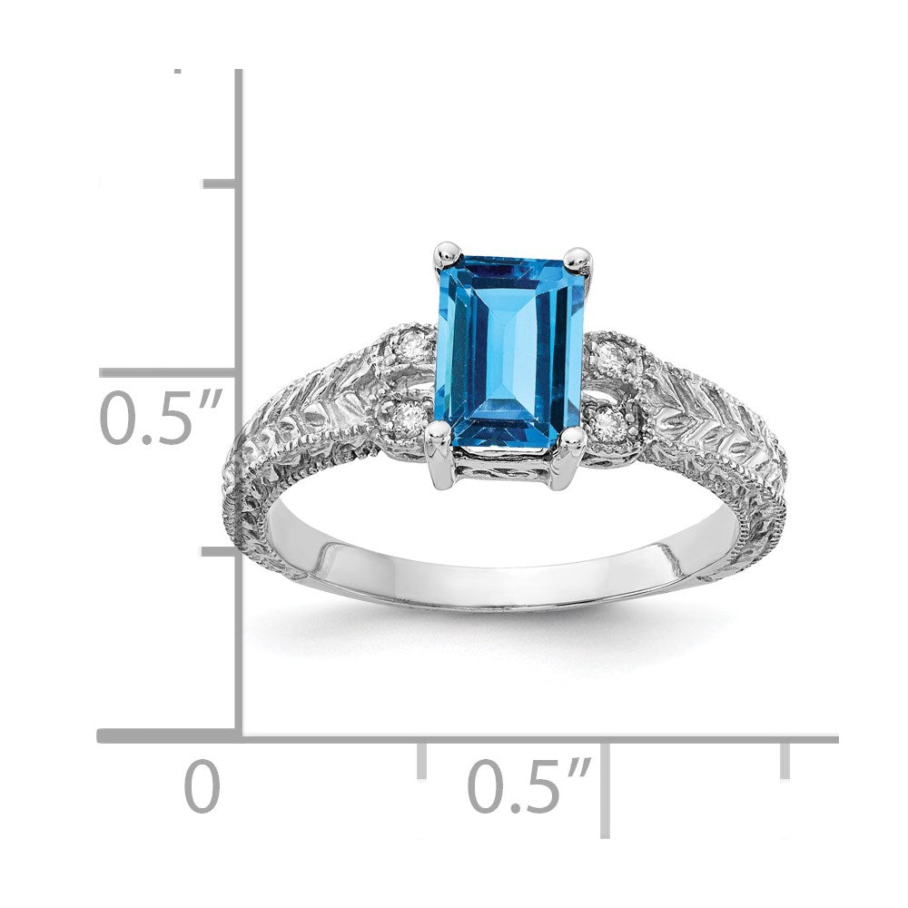 14k White Gold 7x5mm Emerald Cut Blue Topaz AA Diamond ring