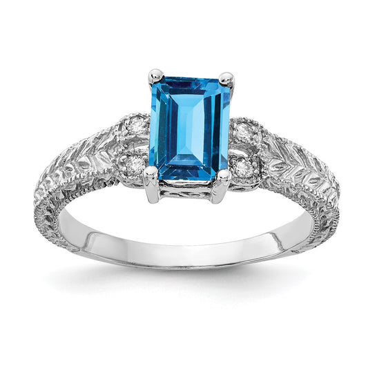 14k White Gold 7x5mm Emerald Cut Blue Topaz AAA Diamond ring