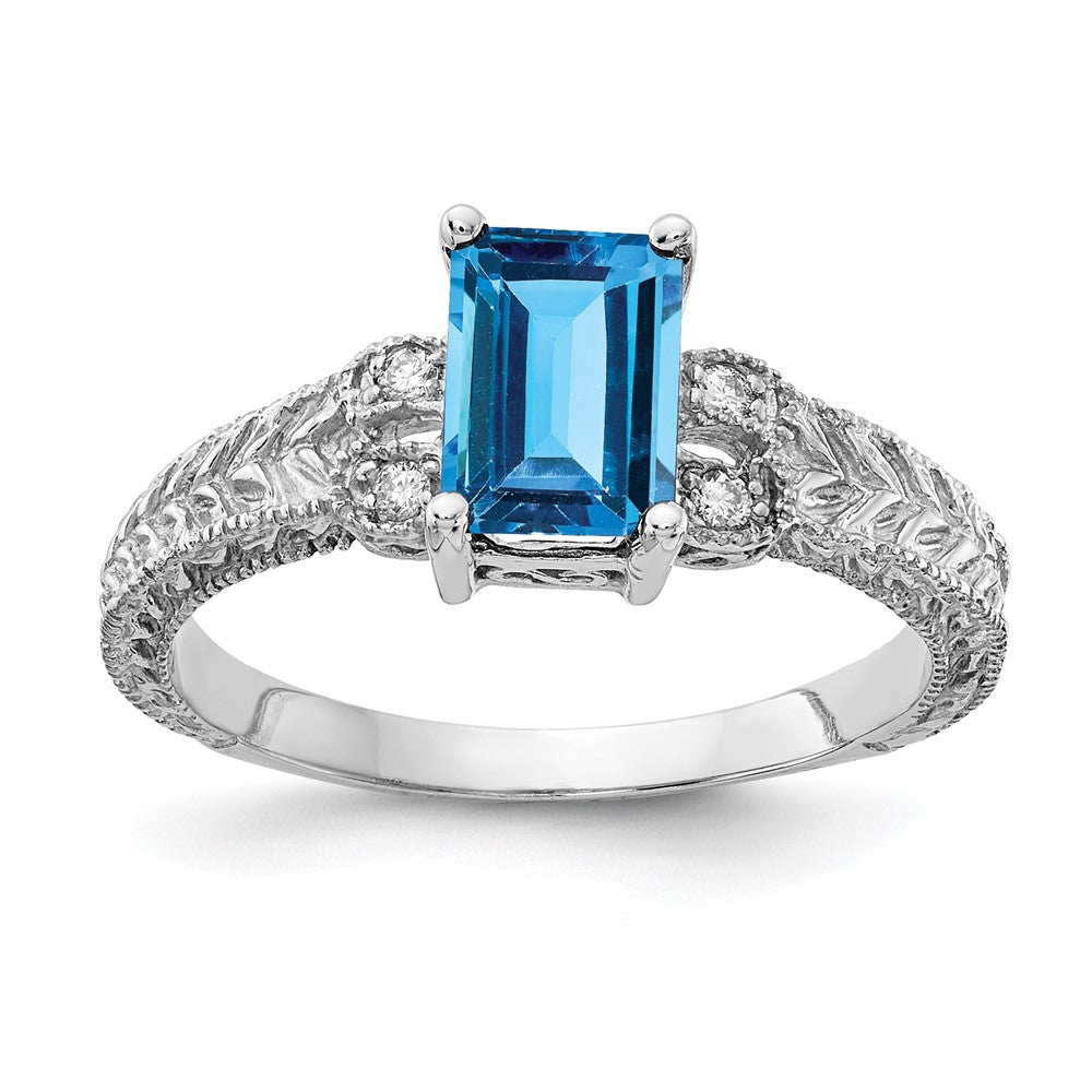 14k White Gold 7x5mm Emerald Cut Blue Topaz VS Diamond ring
