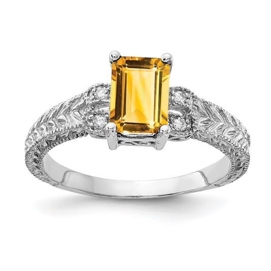 14k White Gold 7x5mm Emerald Cut Citrine AA Diamond ring