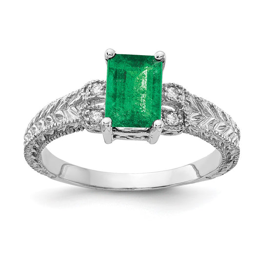 14k White Gold 7x5mm Emerald Cut Emerald AAA Diamond ring