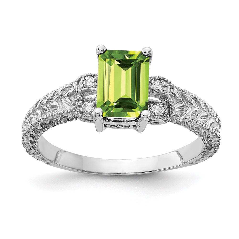 14k White Gold 7x5mm Emerald Cut Peridot AA Diamond ring