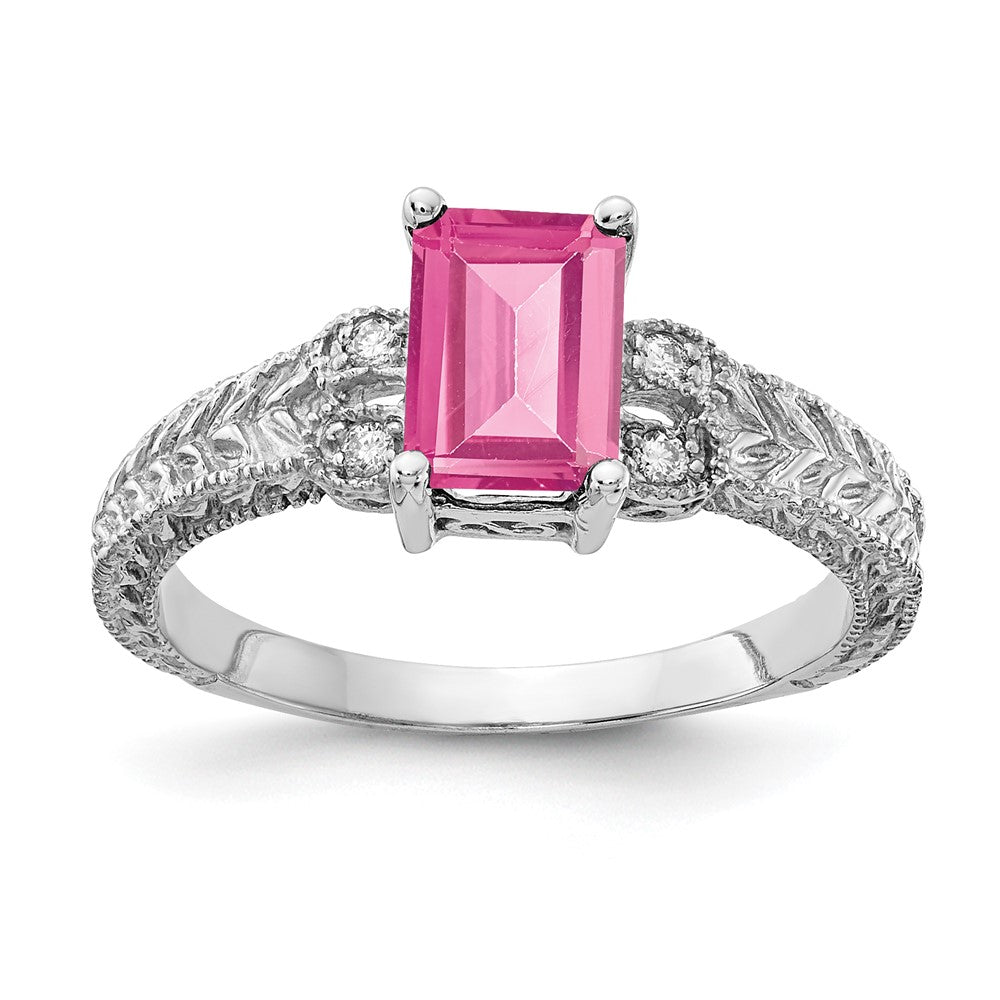 14k White Gold 7x5mm Emerald Cut Pink Tourmaline AAA Diamond ring