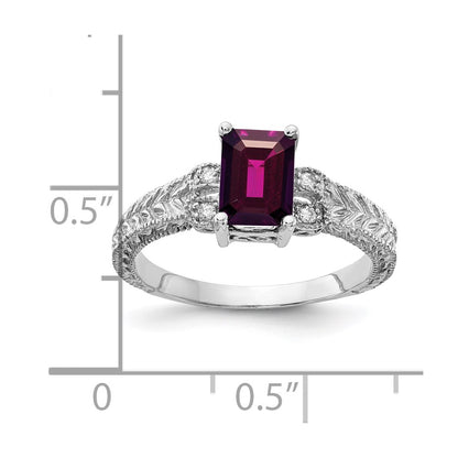 14k White Gold 7x5mm Emerald Cut Rhodolite Garnet AAA Diamond ring