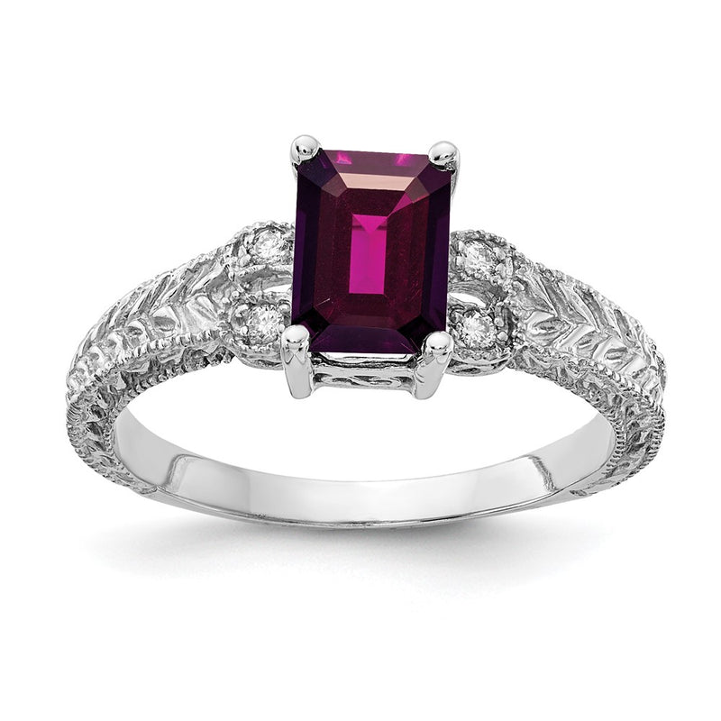 14k White Gold 7x5mm Emerald Cut Rhodolite Garnet AAA Diamond ring