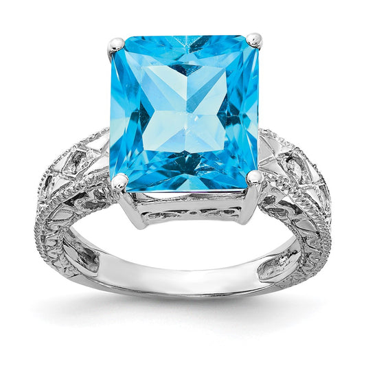 14k White Gold 12x10mm Emerald Cut Blue Topaz AAA Diamond ring