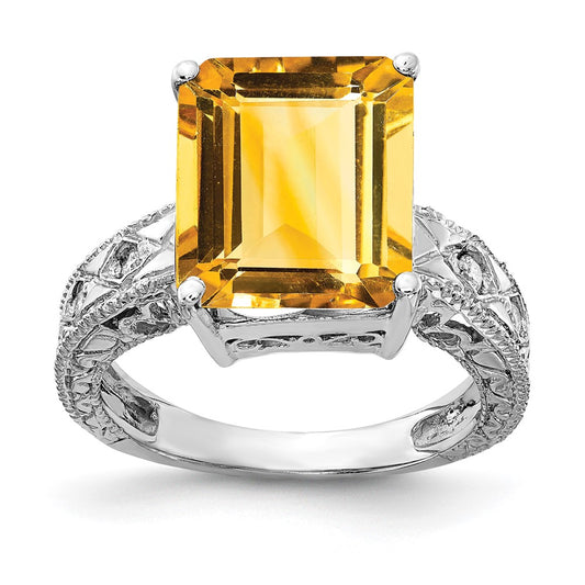 14k White Gold 12x10mm Emerald Cut Citrine AA Diamond ring