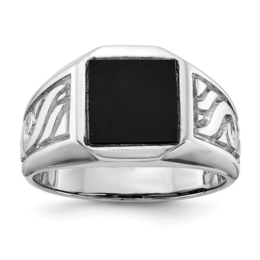 14K White Gold Men's Real Diamond and Black Onyx Signet Ring