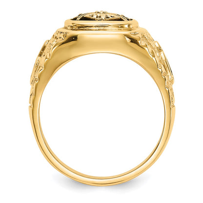 14k Yellow Gold Polished Antiqued and Nugget Texture A Quality Diamond Masonic Ring