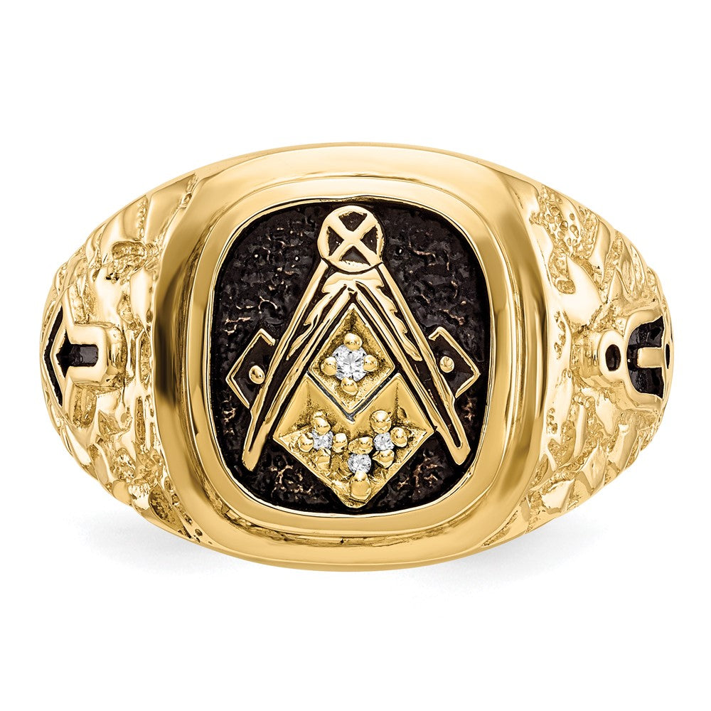 14k Yellow Gold Polished Antiqued and Nugget Texture AA Quality Diamond Masonic Ring