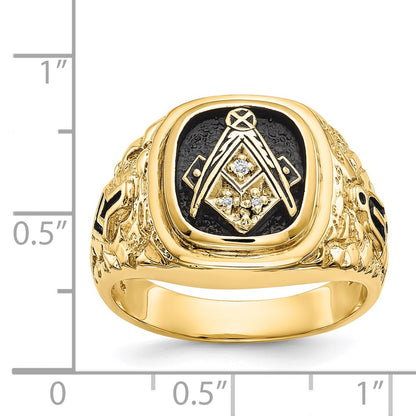 14k Yellow Gold Polished Antiqued and Nugget Texture A Quality Diamond Masonic Ring
