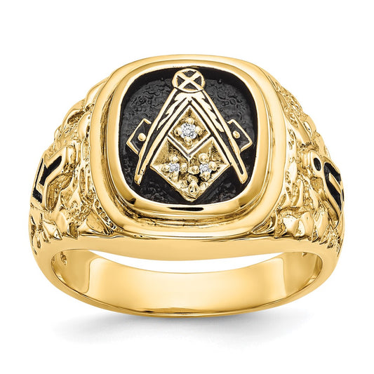 14k Yellow Gold Polished Antiqued and Nugget Texture AA Quality Diamond Masonic Ring