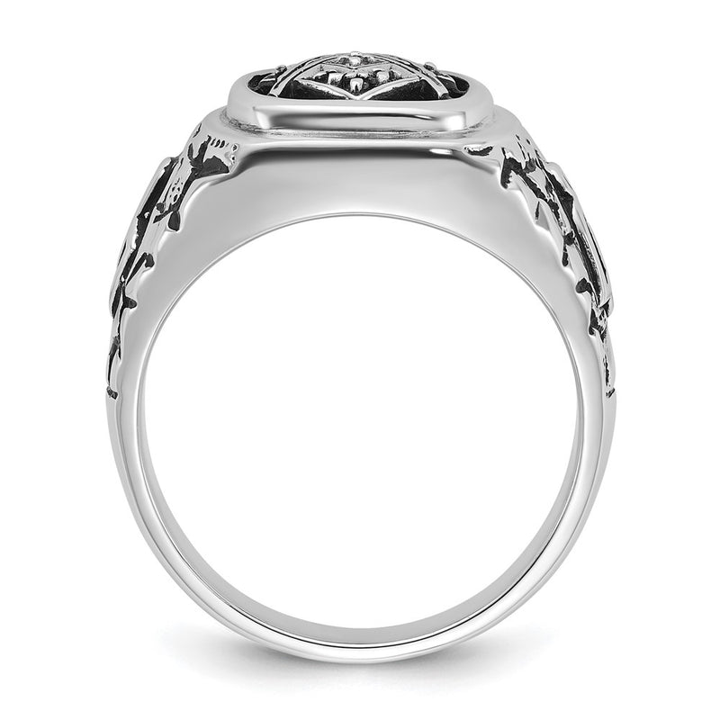 14k White Gold Mens Polished and Textured with Black Enamel and A Quality Diamonds Masonic Ring