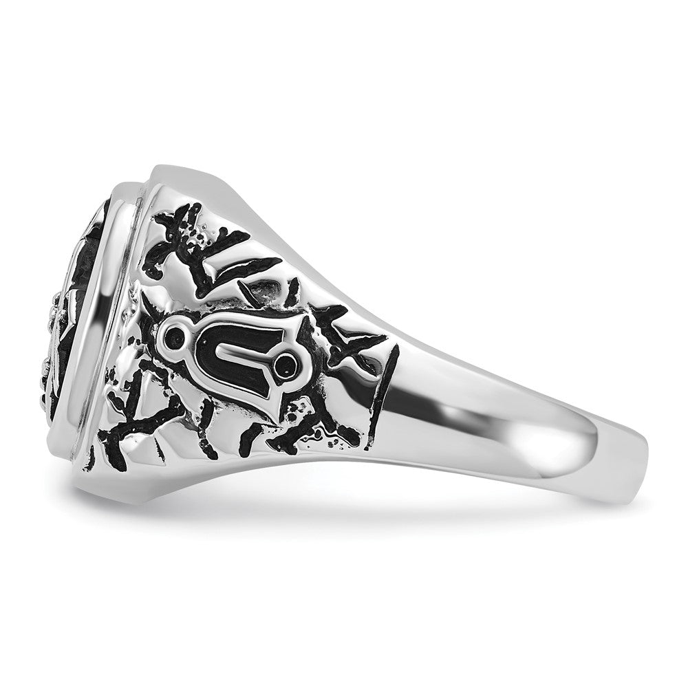 14k White Gold Mens Polished and Textured with Black Enamel and A Quality Diamonds Masonic Ring