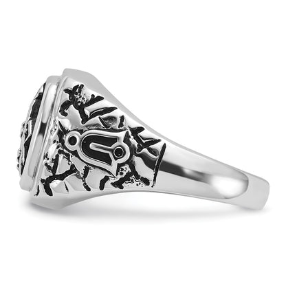 14k White Gold Mens Polished and Textured with Black Enamel and A Quality Diamonds Masonic Ring