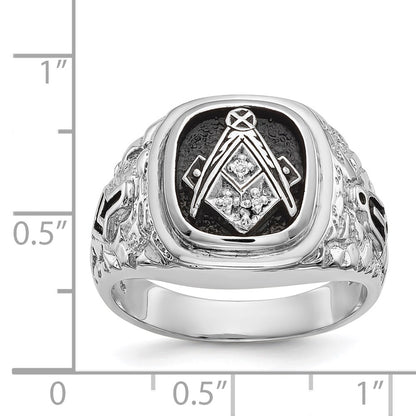 14k White Gold Mens Polished and Textured with Black Enamel and A Quality Diamonds Masonic Ring