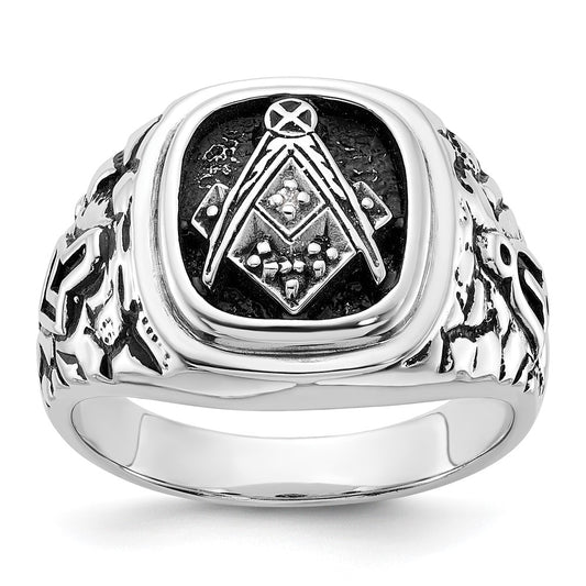 14k White Gold Mens Polished and Textured with Black Enamel and VS Quality Diamonds Masonic Ring