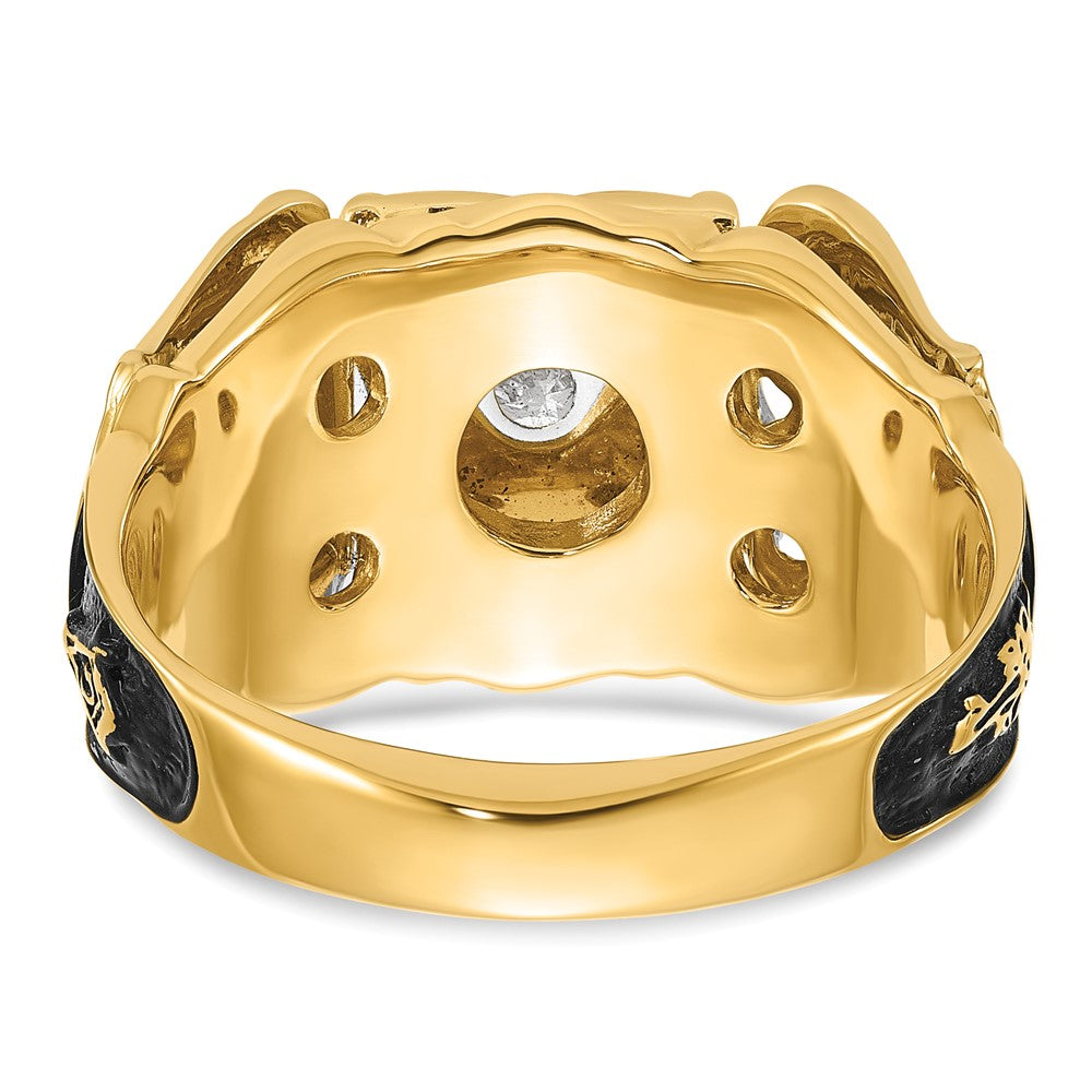 14k Two-tone Gold Mens Polished and Textured with Black Enamel and AA Quality Diamond Masonic Ring