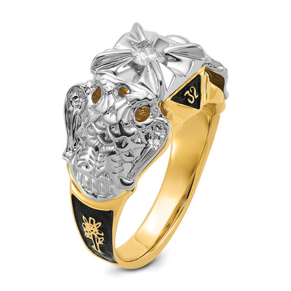 14k Two-tone Gold Mens Polished and Textured with Black Enamel and AA Quality Diamond Masonic Ring