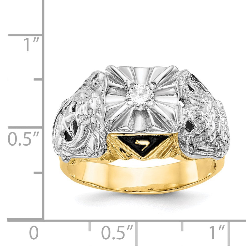 14k Two-tone Gold Mens Polished and Textured with Black Enamel and AA Quality Diamond Masonic Ring