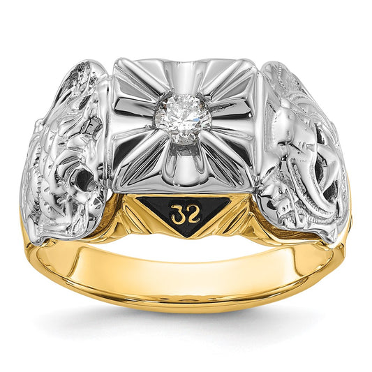 14k Two-tone Gold Mens Polished and Textured with Black Enamel and AA Quality Diamond Masonic Ring