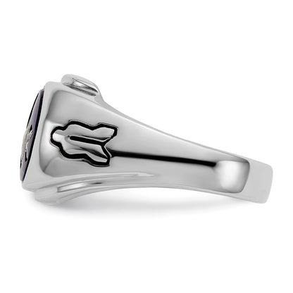 14k White Gold Mens Polished Antiqued and Grooved with Imitation Blue Spinel Masonic Ring