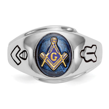 14k White Gold Mens Polished Antiqued and Grooved with Imitation Blue Spinel Masonic Ring