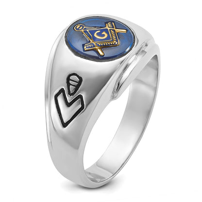 14k White Gold Mens Polished Antiqued and Grooved with Imitation Blue Spinel Masonic Ring