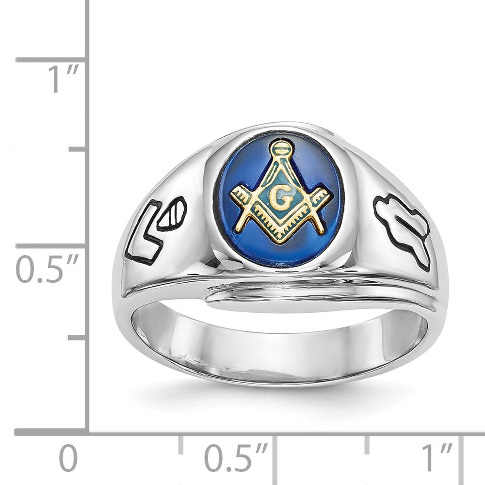 14k White Gold Mens Polished Antiqued and Grooved with Imitation Blue Spinel Masonic Ring