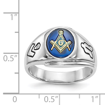 14k White Gold Mens Polished Antiqued and Grooved with Imitation Blue Spinel Masonic Ring